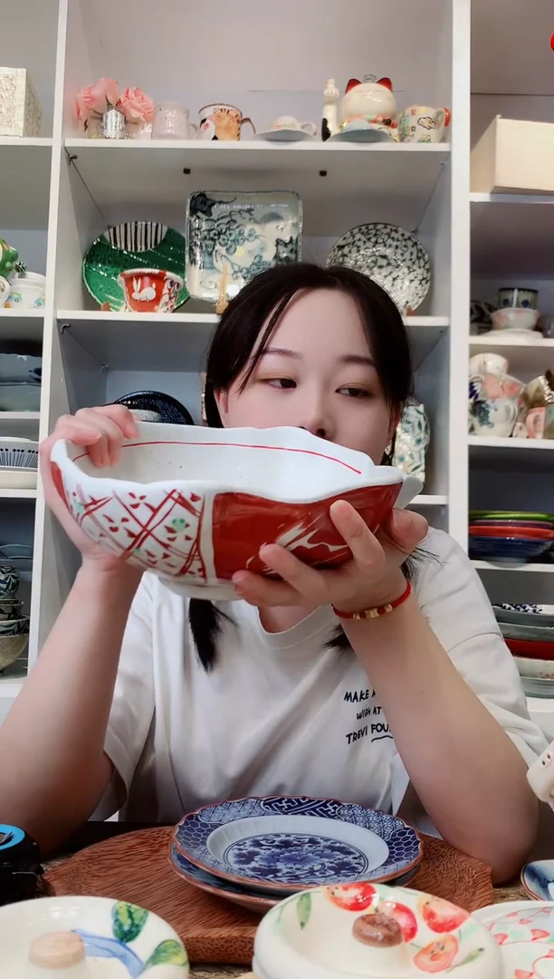 陶瓷濑户烧手绘赤绘尖嘴碗23cm