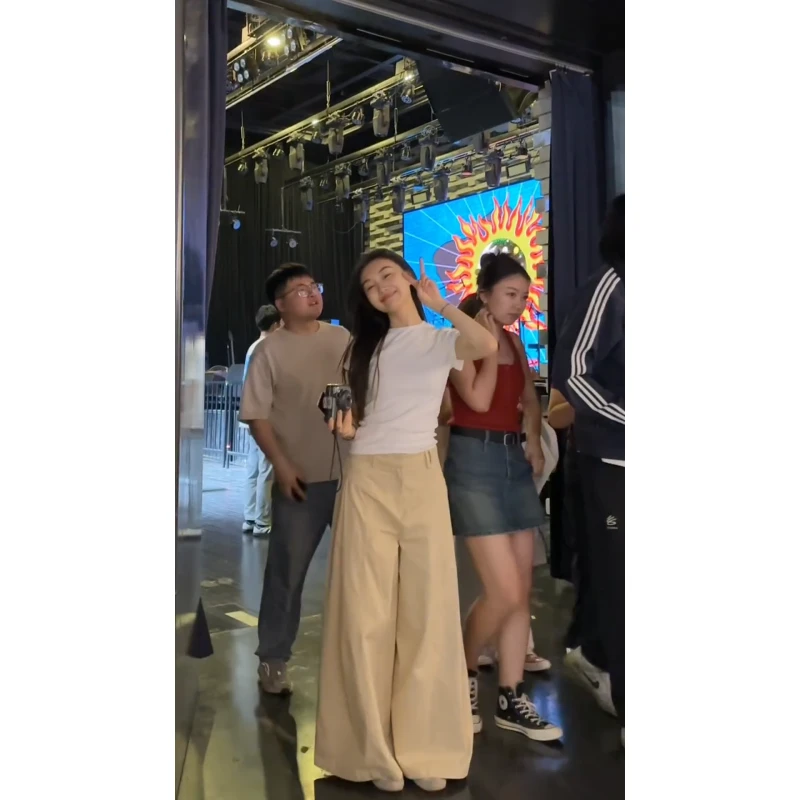 韩版白色简约修身圆领短袖上衣2025夏季高腰宽松休闲阔腿裤两件套