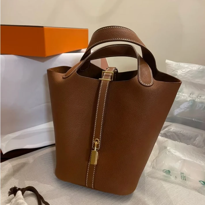 99新 Hermes/爱马仕 积分小花6枫菜篮子18 黄褐色马鞍皮金扣 U刻