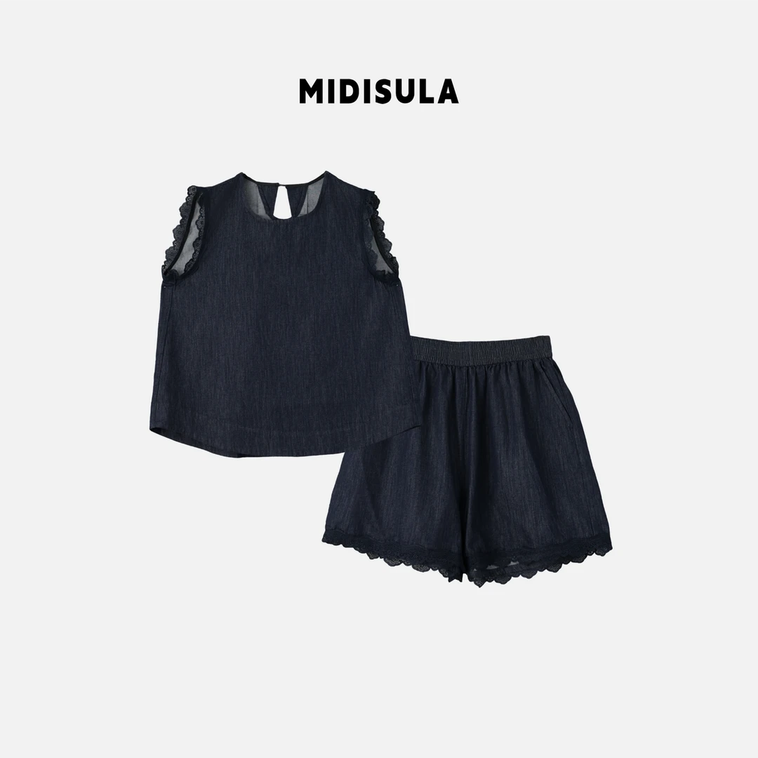 MDSL·高端欧货新款蕾丝拼接无袖牛仔背心松紧短裤两件套装#0995
