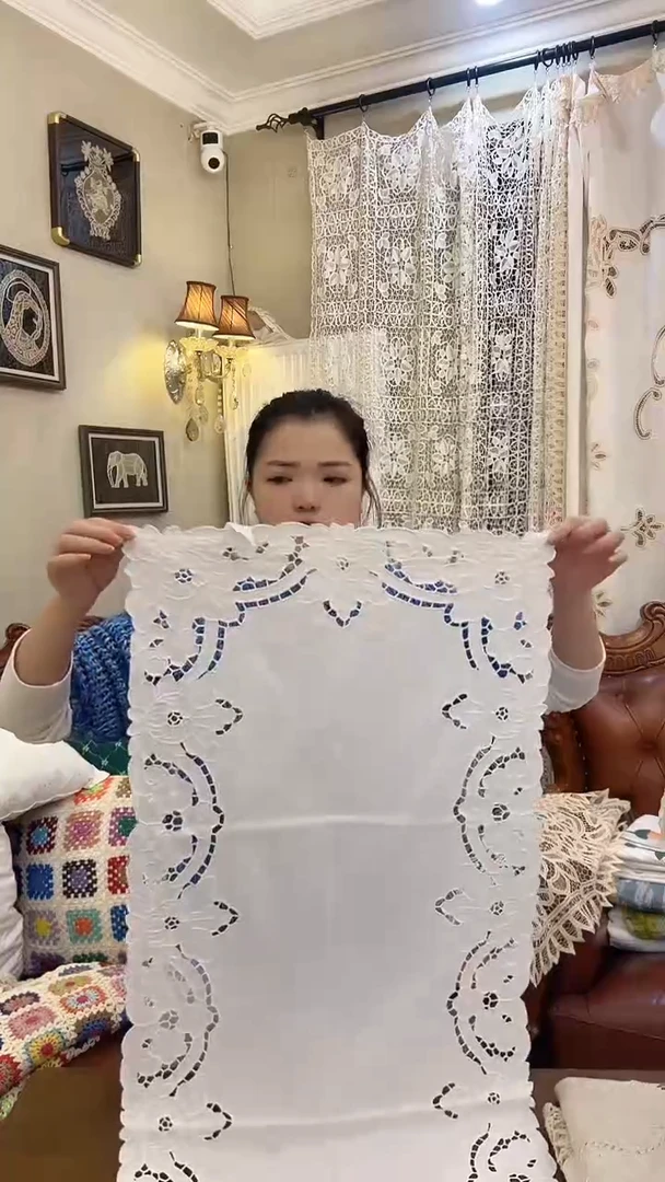 亚麻F830米色麻质手工抽纱丝带绣桌布餐桌布50*135cm