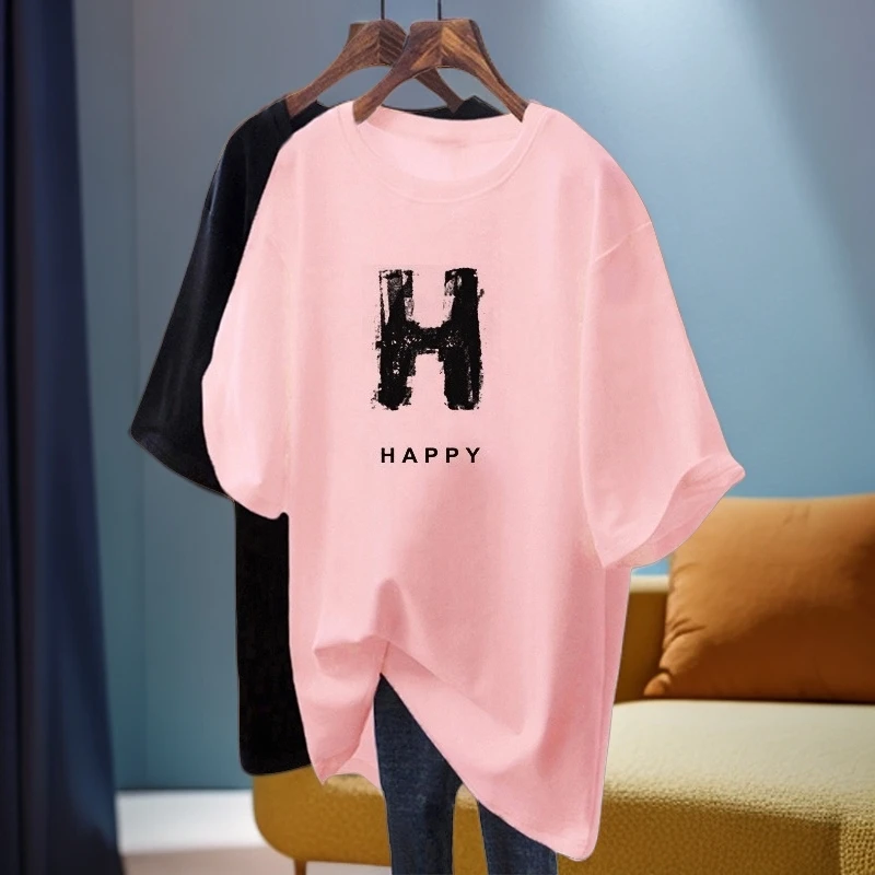 新款大码宽松显瘦黑色字母印花短袖T恤女中长款夏季欧货休闲风棉