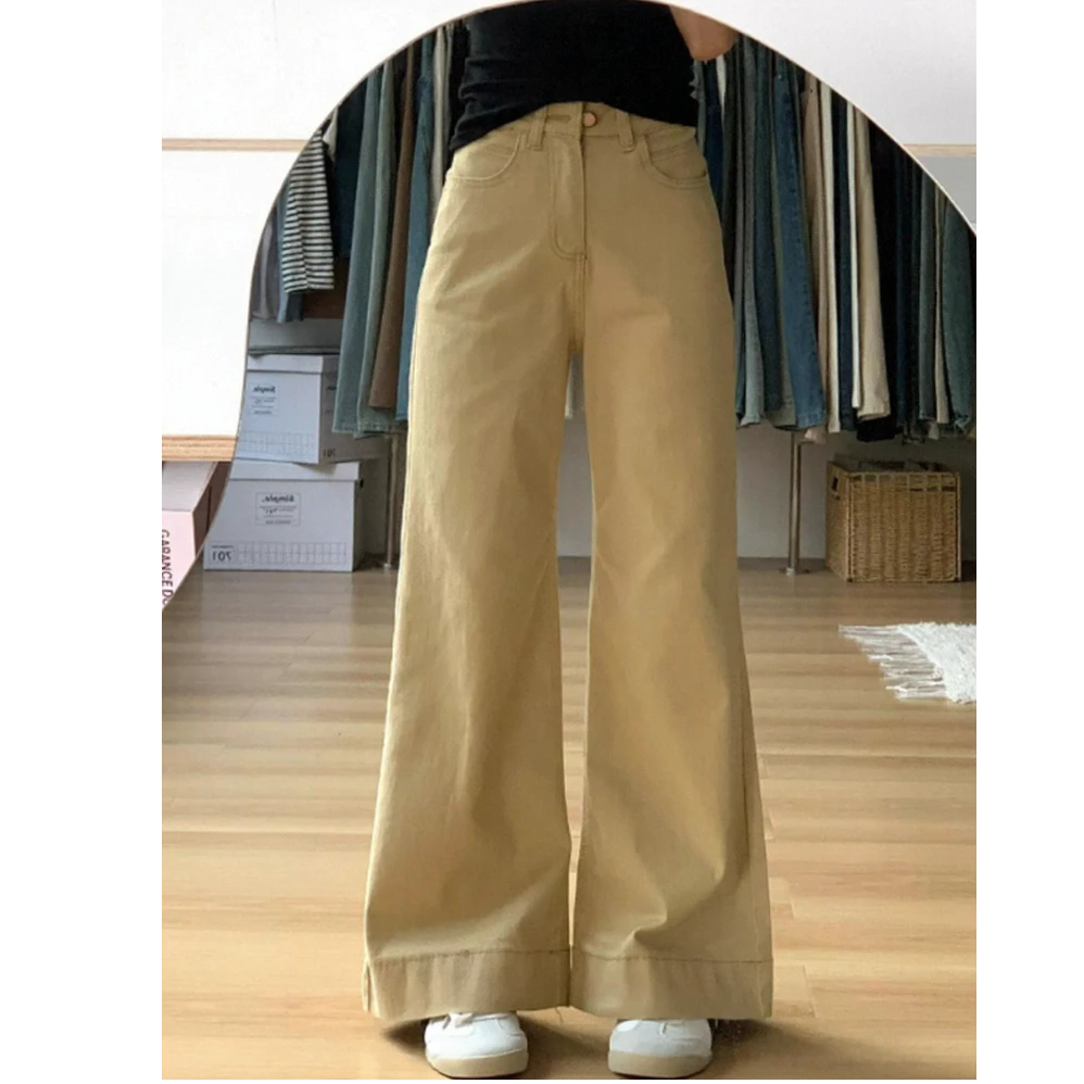 秋季新款美式复古卡其色不贴腿喇叭裤大码女微胖mm高腰显瘦阔腿裤