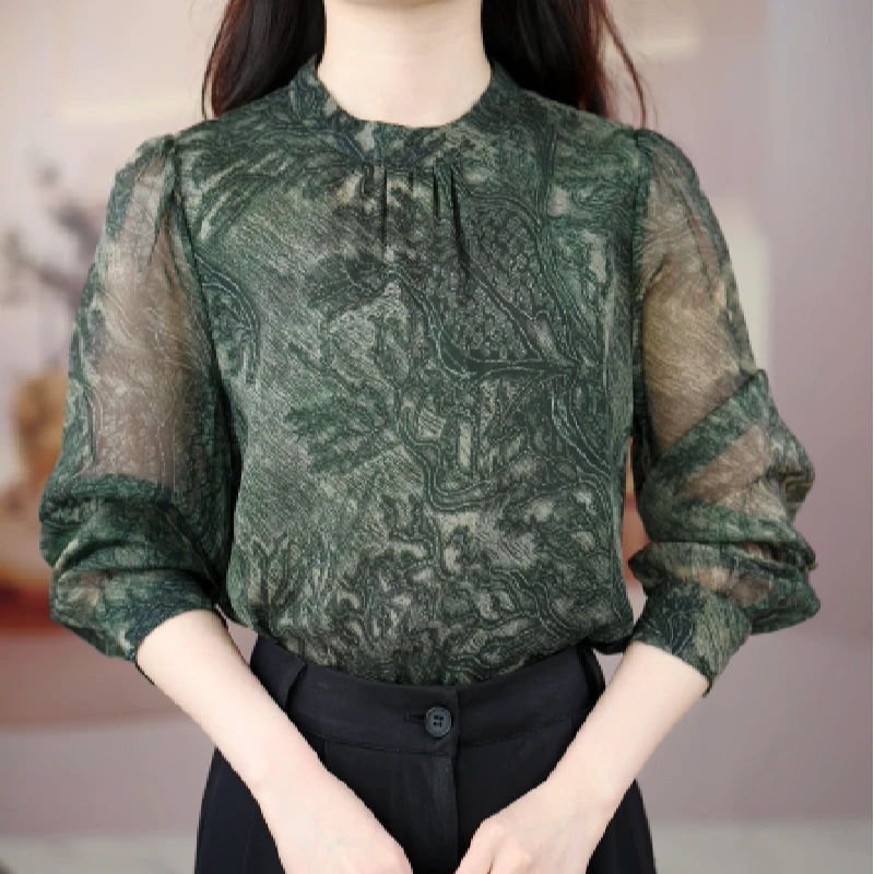 高山流水双层加厚衬衫2025年春季长袖设计中国风复古碎花上衣JA10