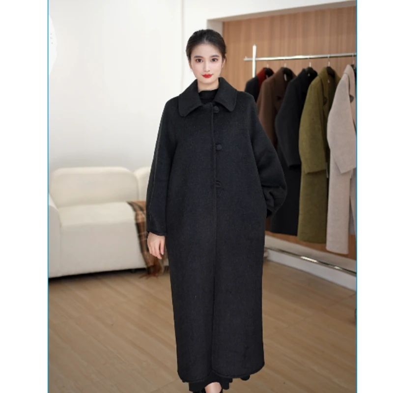 【雅婷】慵懒风女秋冬娃娃领气质长款毛呢毛呢外套冬季