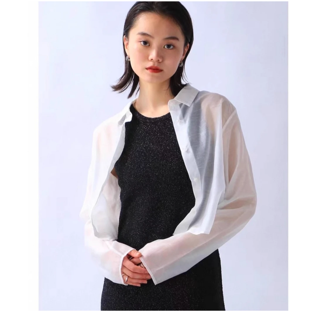 B205 JS 宽松百搭碎花纯色长袖透视衬衫女休闲上衣   长袖衬衫