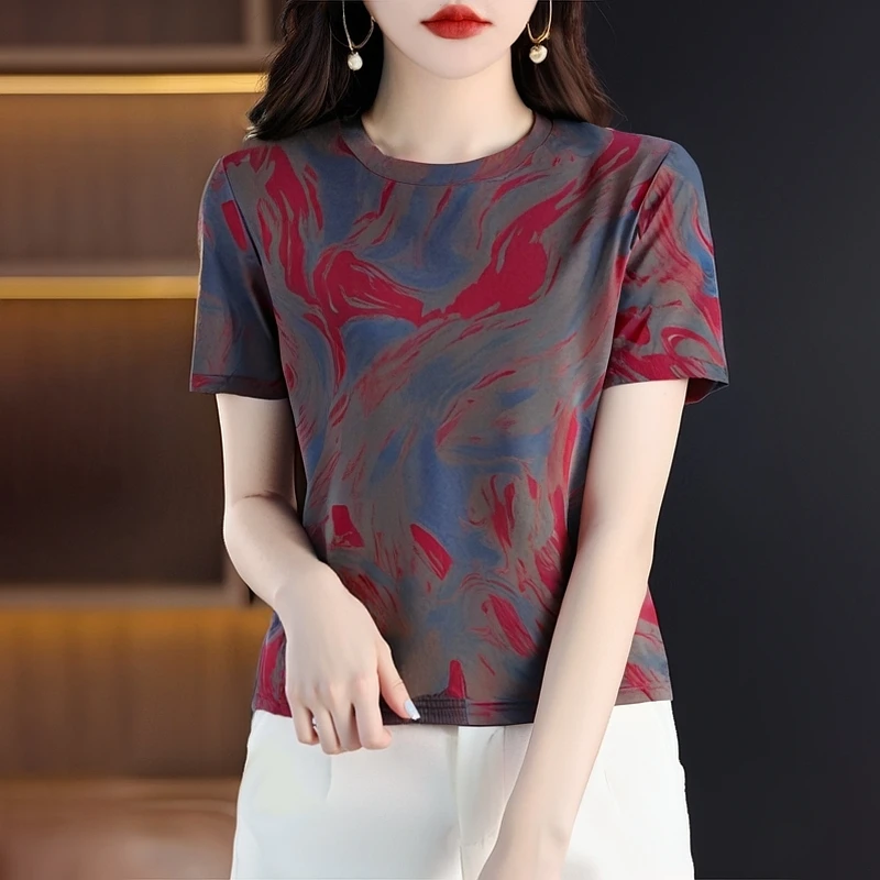 洋气女士t恤短袖夏季2025新款宽松撞色高级感纯棉正肩上衣服百搭