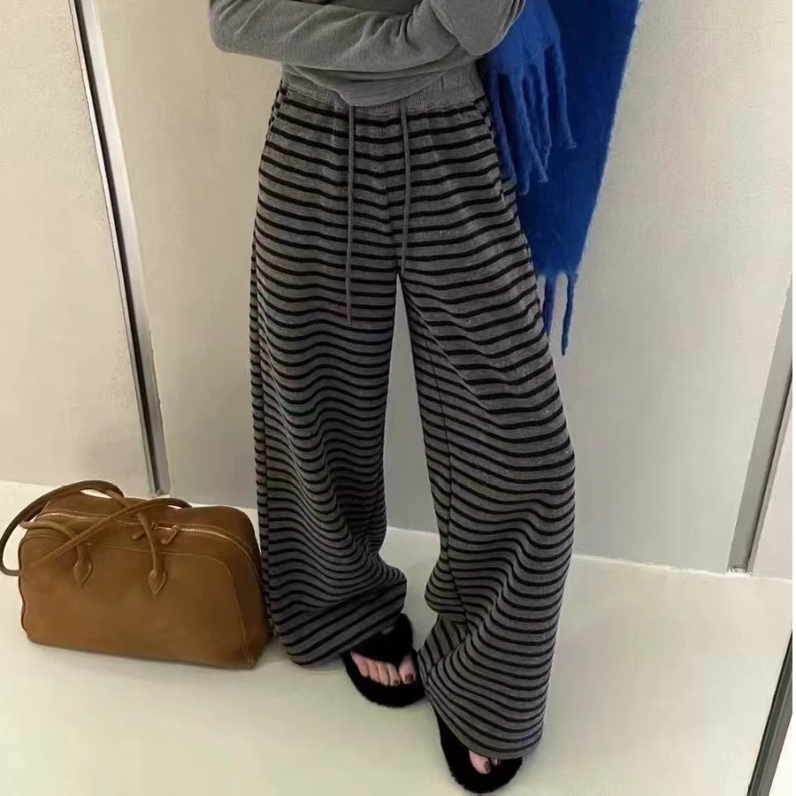 DJ 横条纹阔腿休闲裤慵懒风