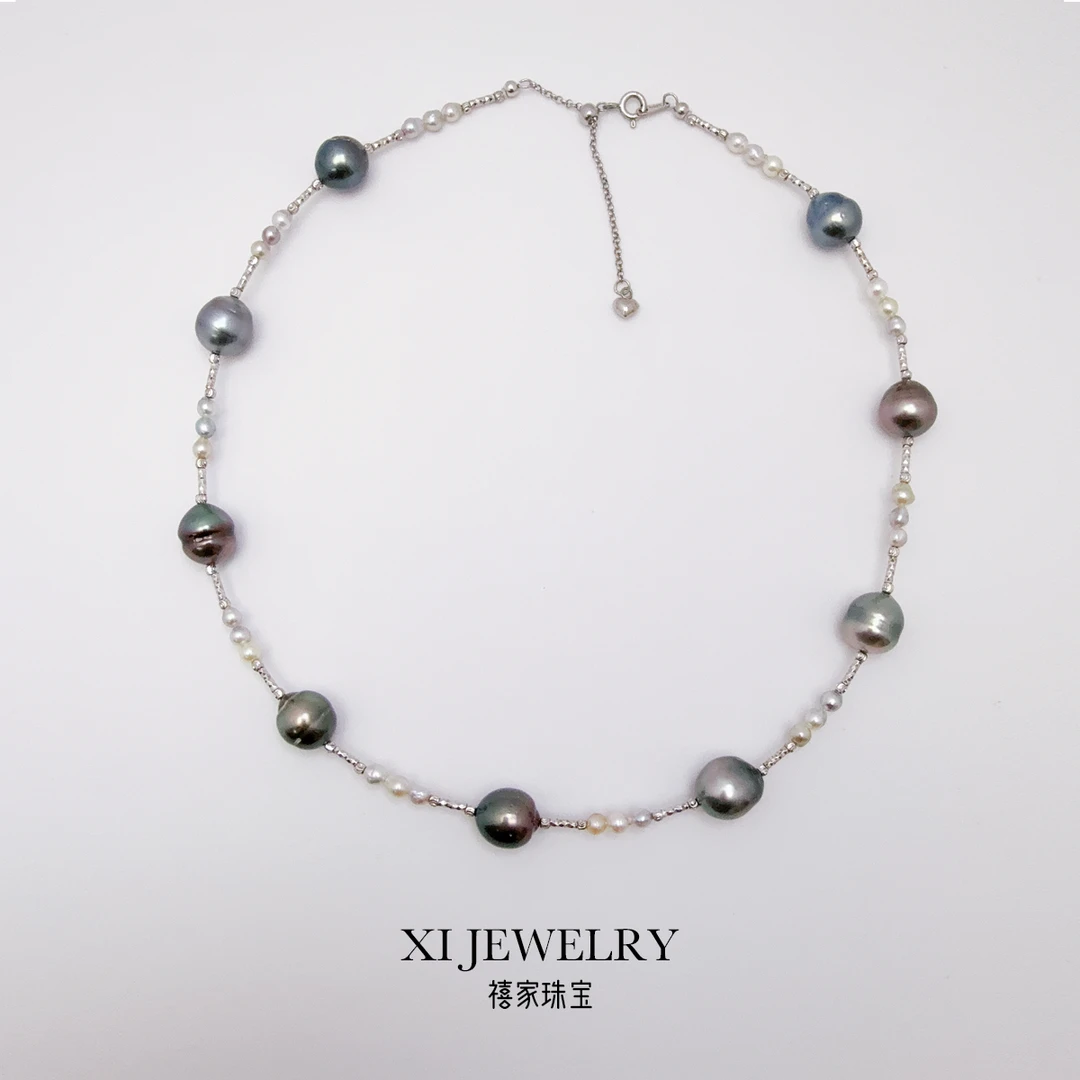 天然海水珍珠大溪地10-11mm+akoya混彩3-4mm+S925银扣头项链百搭