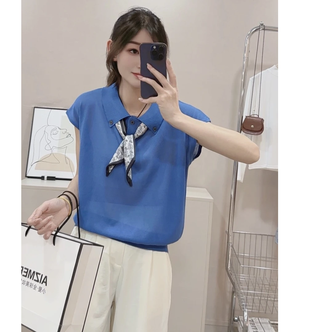 天爽亚麻~韩版夏季新款翻领丝巾针织正肩短袖设计感时尚百搭减龄