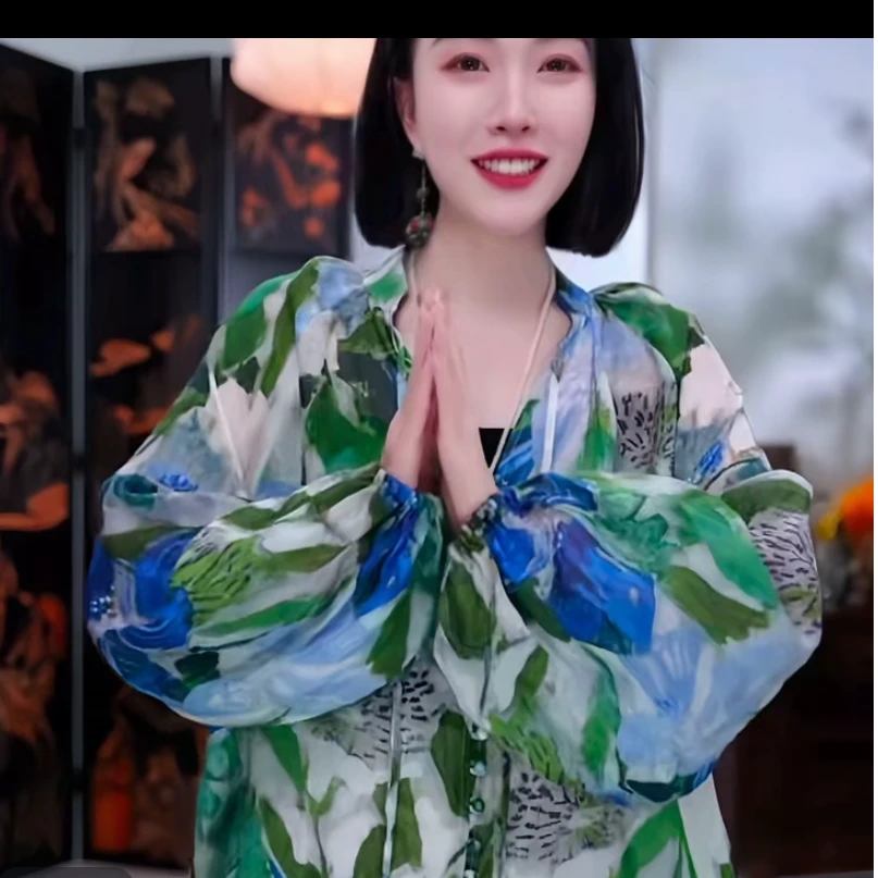 【绿野仙踪】2025春夏瑞典风宽松水彩苎麻印花小立领长袖衬衫上衣