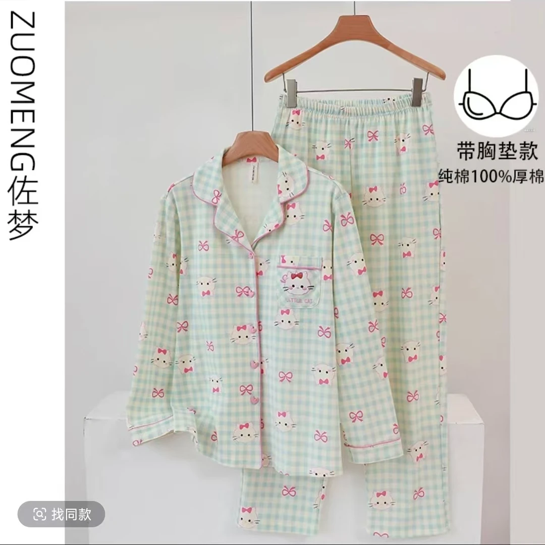 zuomeng/佐梦   春秋季带胸垫蝴蝶结kt猫100纯棉卡通甜美少女睡衣