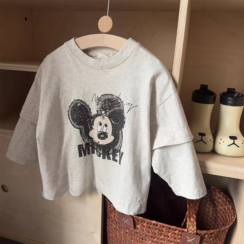 儿童秋季2025新款男童女童纯棉韩系卡通米奇印花假两件长袖T恤潮