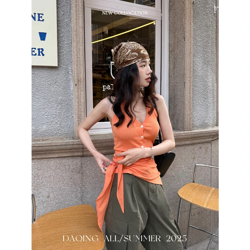 许大晴【橘子酱】高级感别致绝美橘色针织挂脖吊带D4822