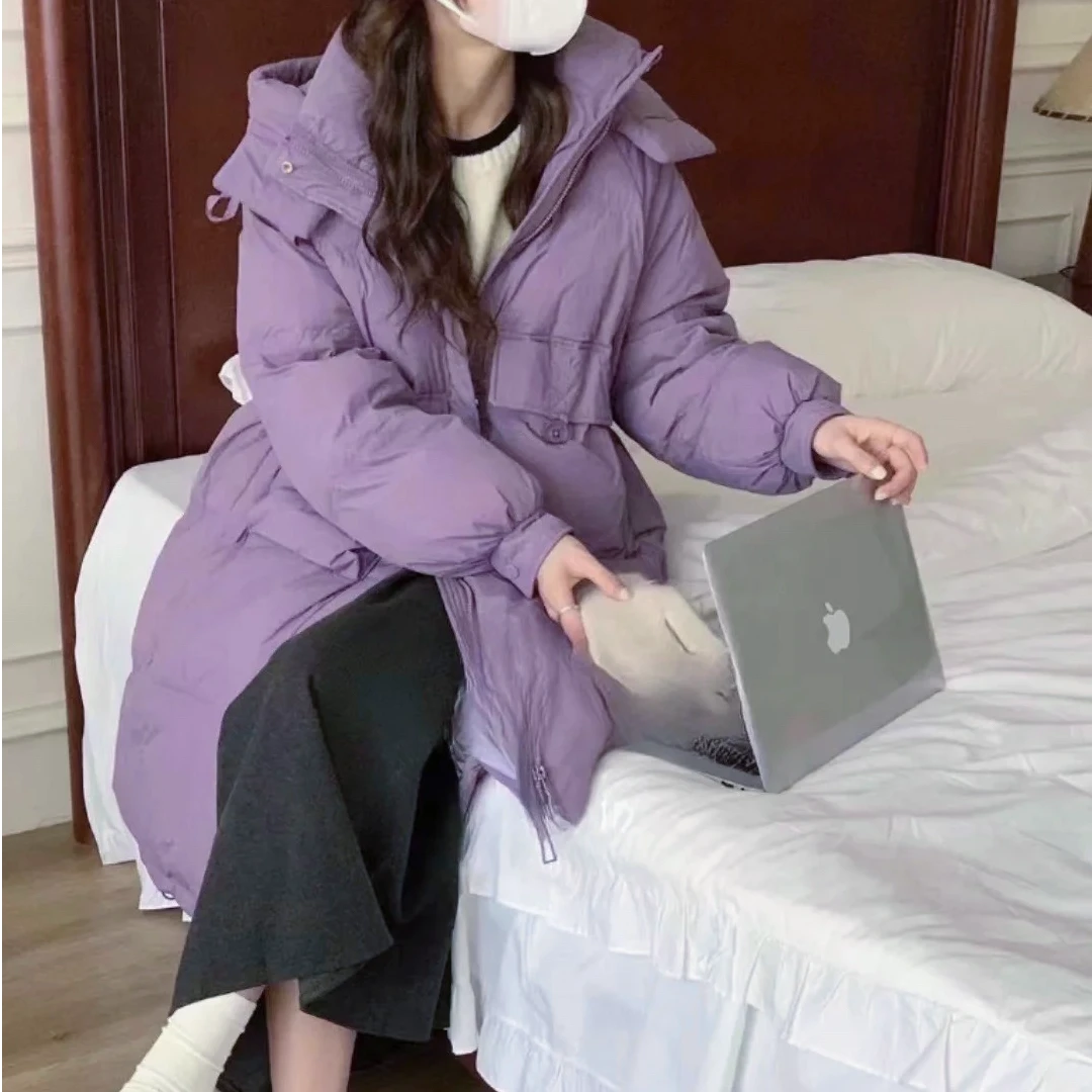 【叶子专享】中长款连帽羽绒服休闲百搭加厚收腰韩版小个子显瘦