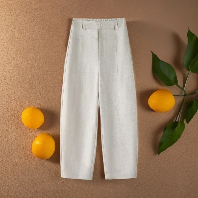 天丝亚麻九分香蕉裤女2025年夏季薄款高腰大码棉麻遮肉凉爽弯刀裤