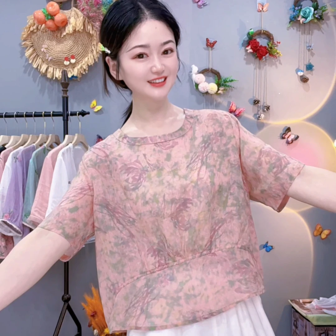 麻小球  超显瘦印花苎麻时尚夏季短袖女上衣