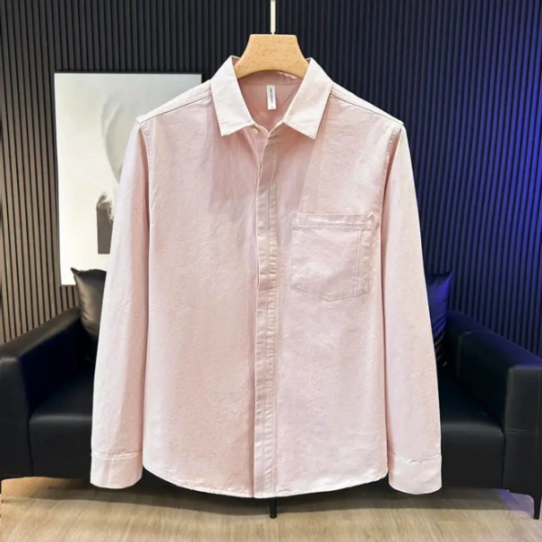 春秋季新款纯色翻领长袖衬衫男宽松休闲百搭潮流帅气男装衬衣外套