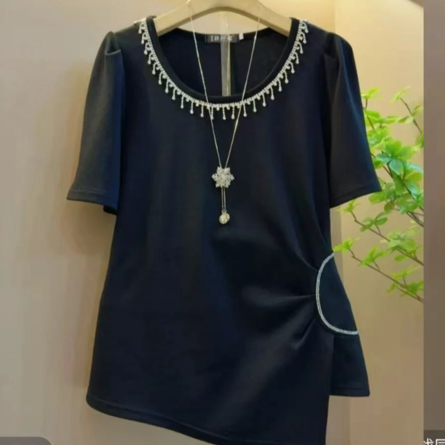 9285-C-大码女装重工流苏显瘦不等式显瘦半袖衫100-210斤