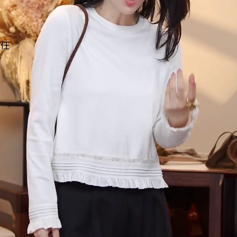 秋季圆领甜美显瘦百搭拼接纯色长袖T恤LK2507030