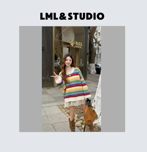 彩虹套头流苏毛衣时尚百搭慵懒风宽松针织衫上衣网红同款