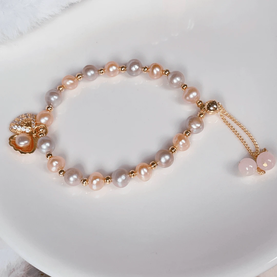 【抽拉贝壳】6-8mm淡水无核珍珠（圆珠）轻奢气质百搭手链 DSL00725