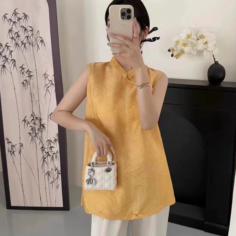 浮光--夏款新中式人丝提花立领斜襟无袖背心裙马甲上衣