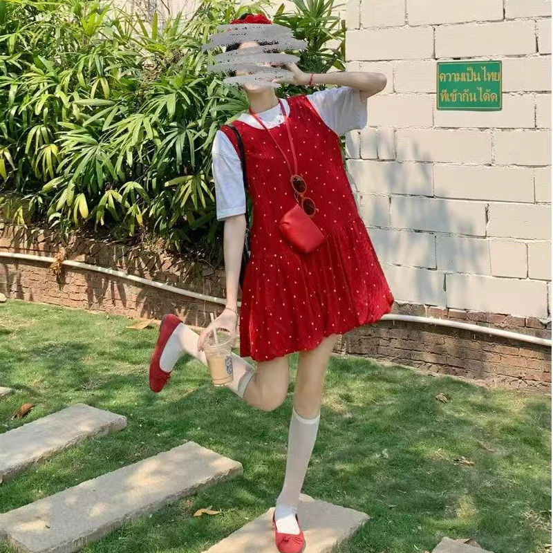 夏季复古甜美可爱风小清新红色波点连衣裙套装