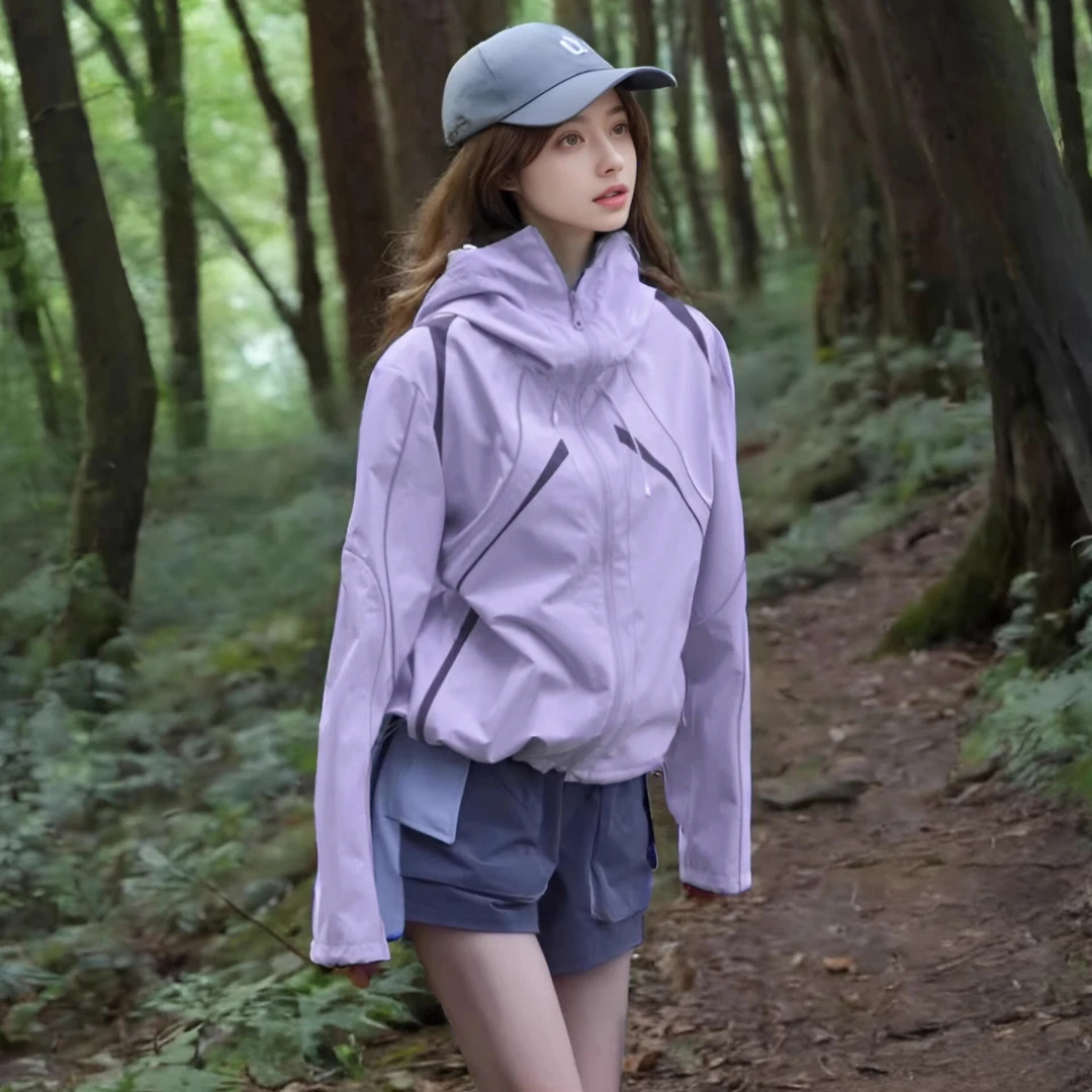 淡紫色机能冲锋衣外套女2025春秋新款美式户外三合一防风登山服