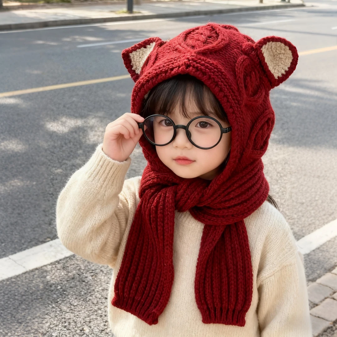 儿童帽子冬季围巾一体帽女童国风新年红帽男童加厚保暖针织毛线帽