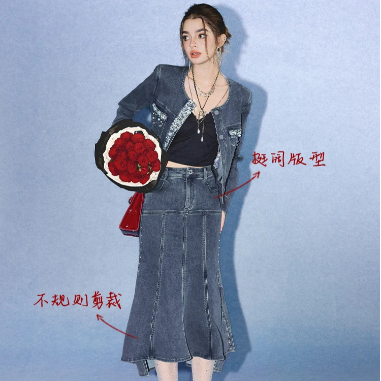 【若谷专属】CHICHY复古名媛套装牛仔修身短外套半身裙CW2I002253