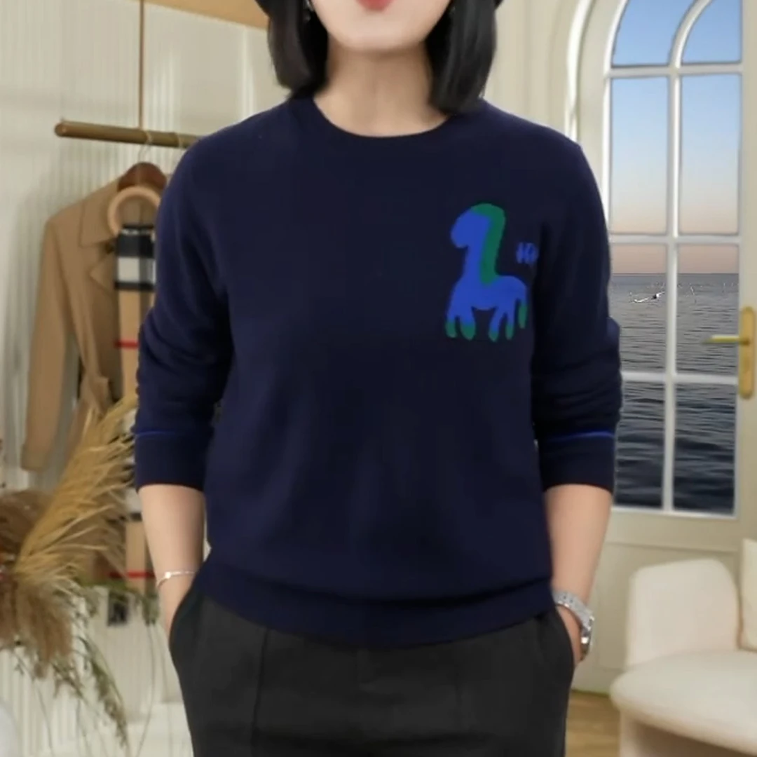 卡通小马提花圆领针织衫女2025秋冬新款休闲简约宽松显瘦毛衣上衣