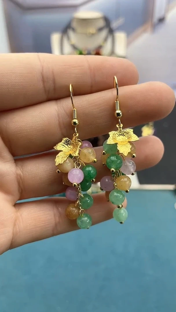 【闪购商品】翡翠耳饰14K金镶嵌多宝葡萄耳钩