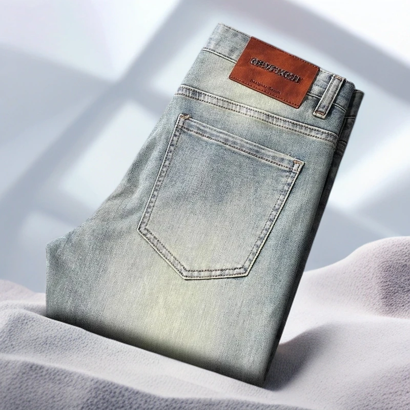 宾斯洛特薄款九分牛仔裤男款磨白水洗弹力修身小直脚美式复古简约