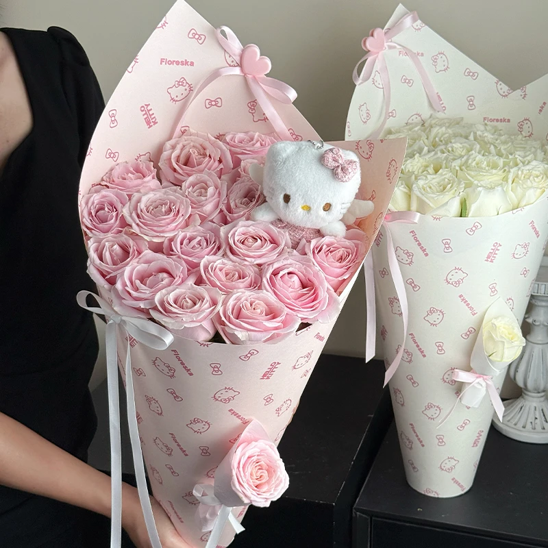 TOP少女心爆棚【Hello Kitty】19枝粉玫瑰冰激凌桶花束送女友对象闺蜜好友老婆生日鲜花小时达同城配送