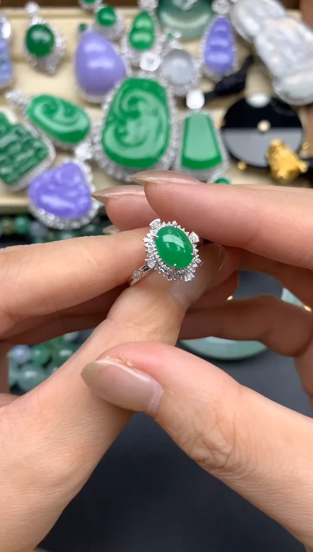 翡翠戒指18K金镶嵌345-春日珠宝