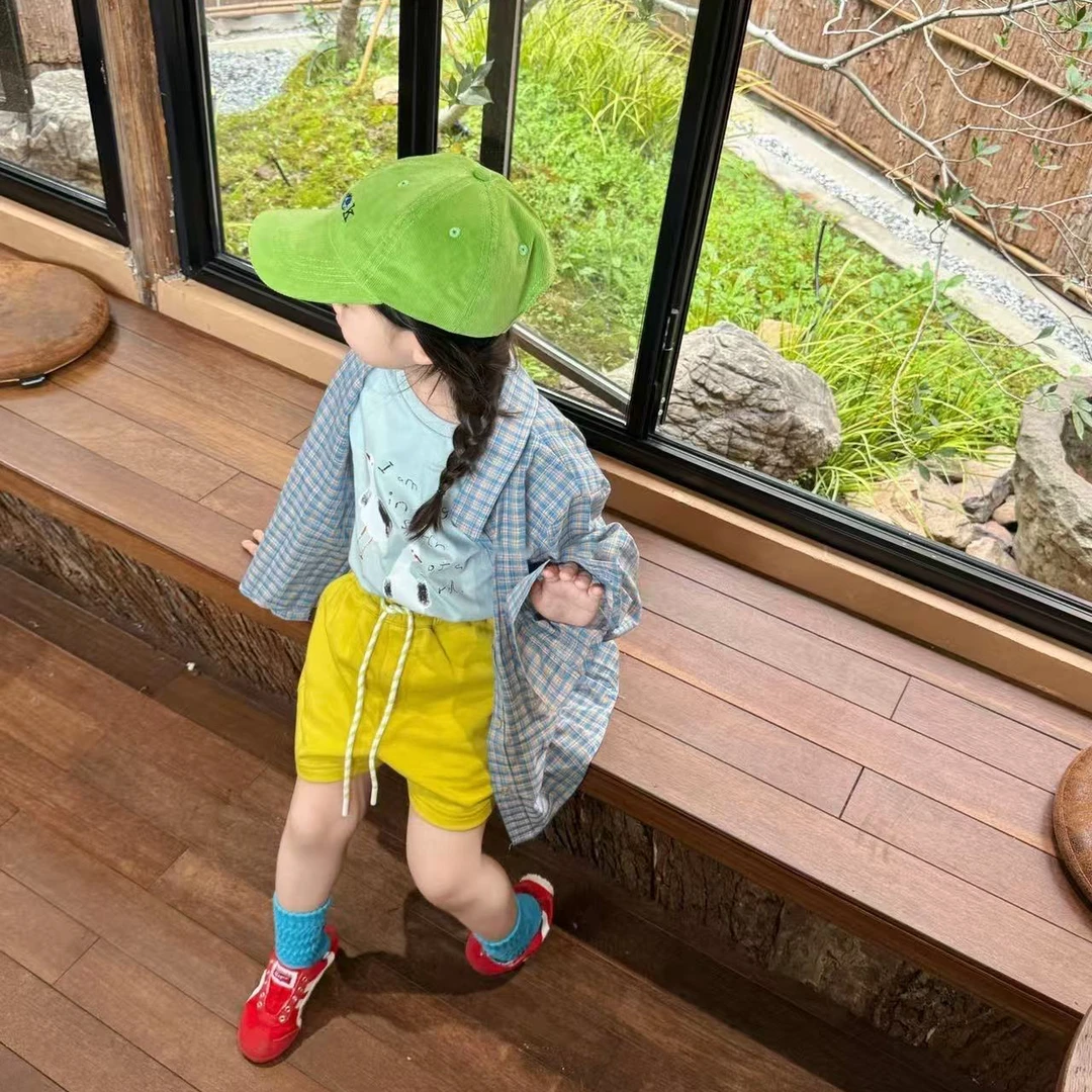 小惜亦女童2025夏季新款韩版多巴胺穿搭蓝色短袖黄色短裤格子外套