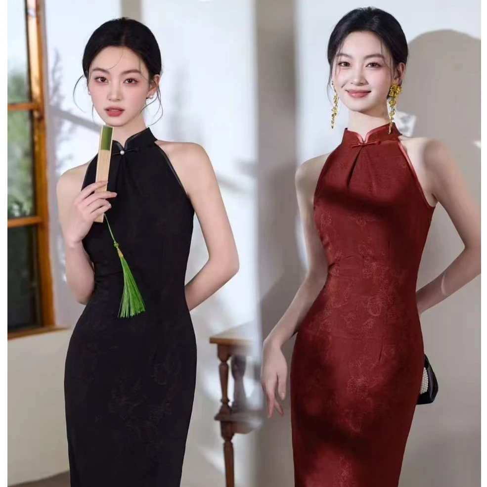 【寻梦】长118改良无袖挂脖旗袍日常新款夏季新中式露肩气质高级