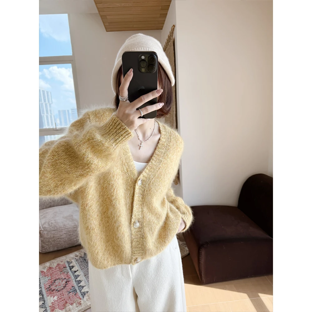 【唐悠悠mgdm】全澳羊毛超细拉绒花纱V领女款秋冬宽松休闲毛衣外套