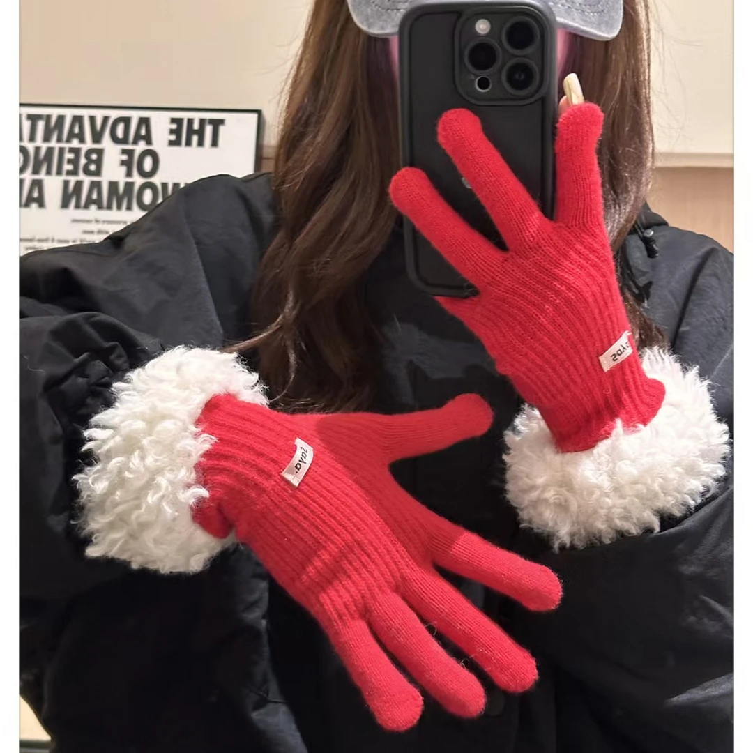 【星星专属】韩版毛绒边手套女冬季保暖毛线针织分指手套可触屏