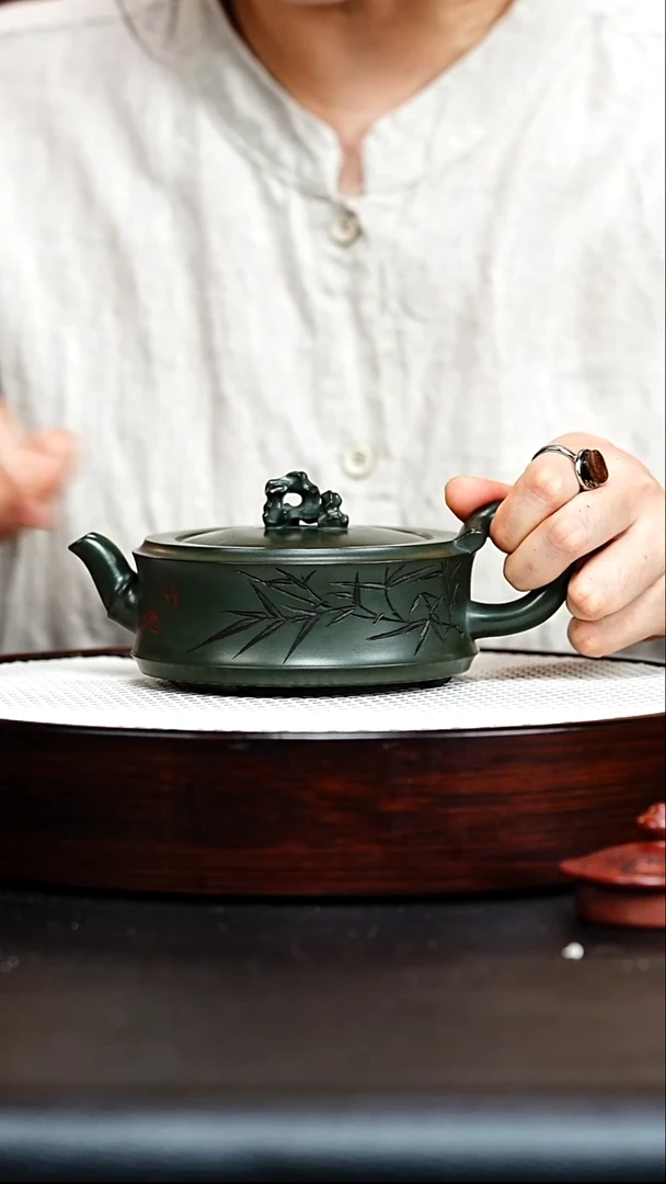 茶壶紫砂宜兴紫砂 竹石 绿泥 谭青h307