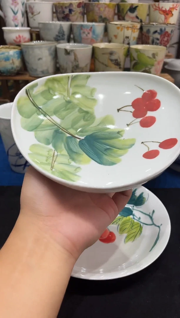 瓷片景德镇高温釉下手工手绘陶瓷高白泥三角盘芭蕉樱桃