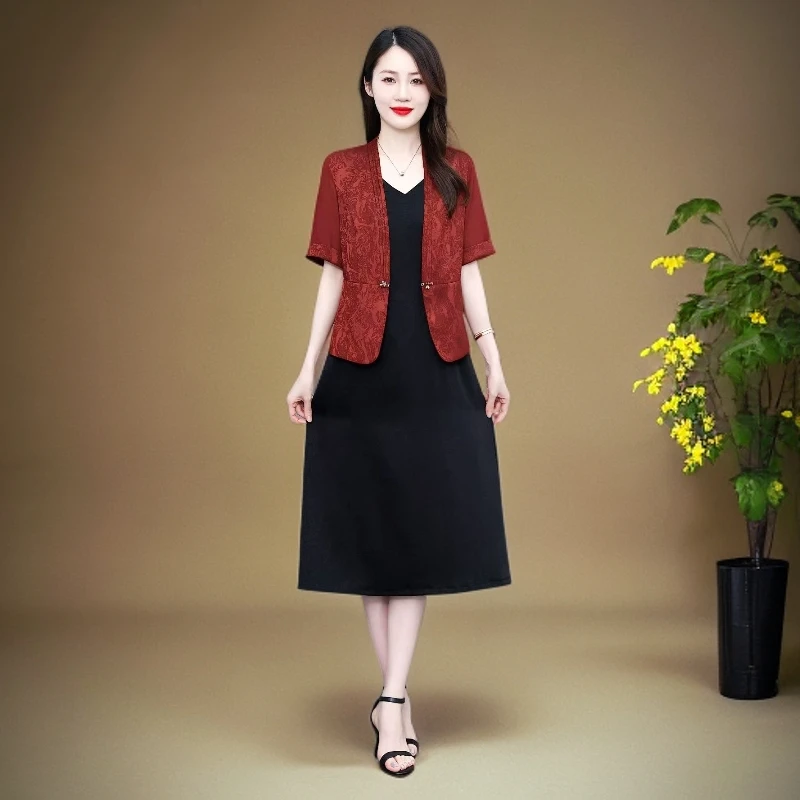 97080两件套手抓花桑波缎连衣裙