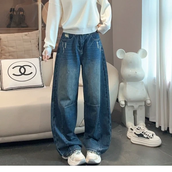 2025早秋牛仔弯刀裤新款潮酷宽松弯刀裤垂感高腰阔腿牛仔裤女