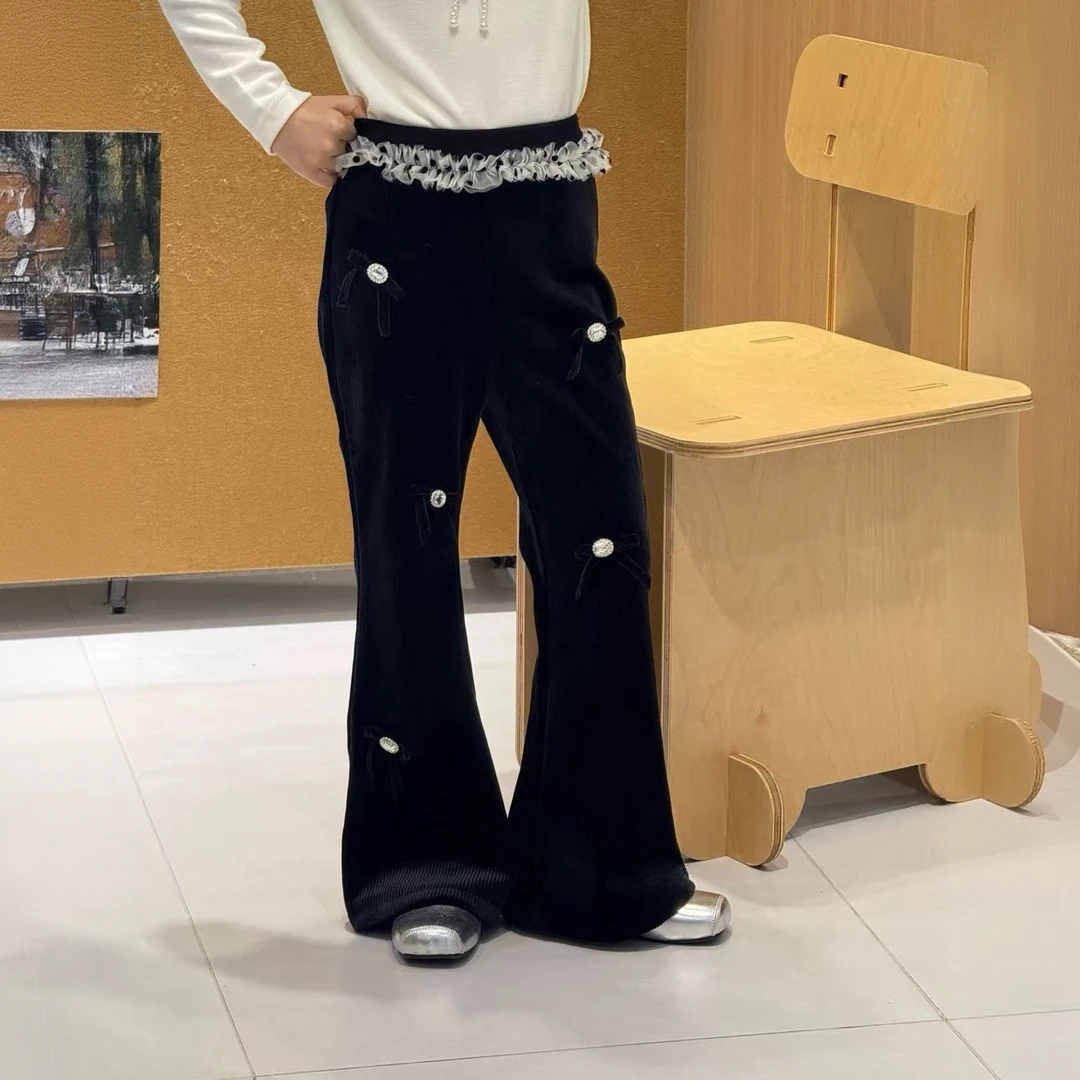 女童2025秋冬新品中大童加绒加厚腰头撞色糯米修身喇叭裤255174