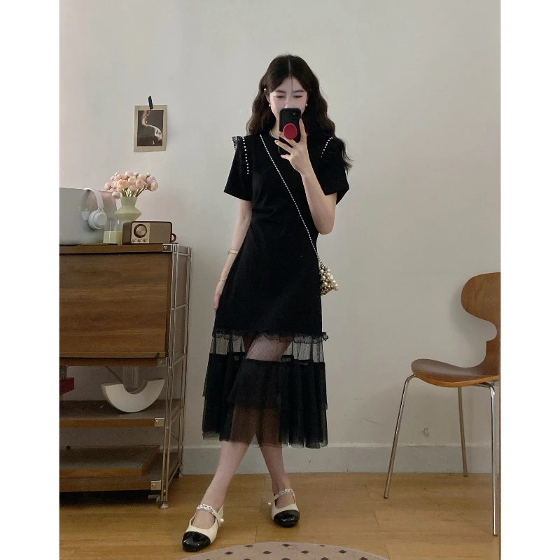 大码夏季新款胖MM气质百搭网纱拼接镶钻显瘦连衣裙设计感小黑裙