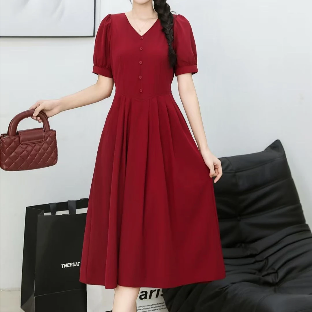 气质女人旅游穿裙子夏装收腰V领中长款夏季连衣裙长裙