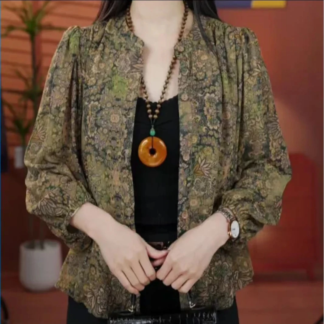 2025春秋季新款时尚印花长袖衬衫宽松百搭休闲上衣大码遮肚子衬衣