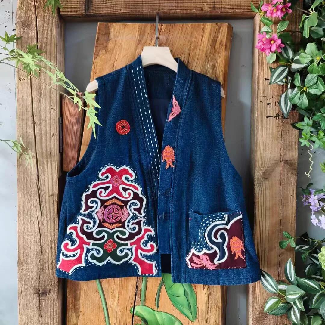民族风复古马夹文艺刺绣牛仔马甲背心国风国潮气质显瘦新中式女装