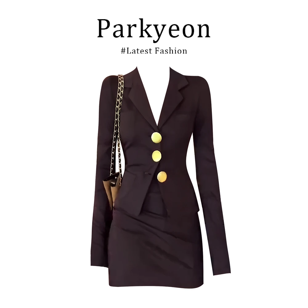 parkyeon贵气感御姐穿搭金色纽扣外套女早秋性感包臀短裙两件套装